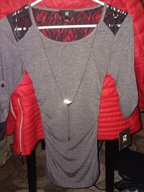 IZ Lace-Accent Gray Knit Tunic With Detachable Necklace